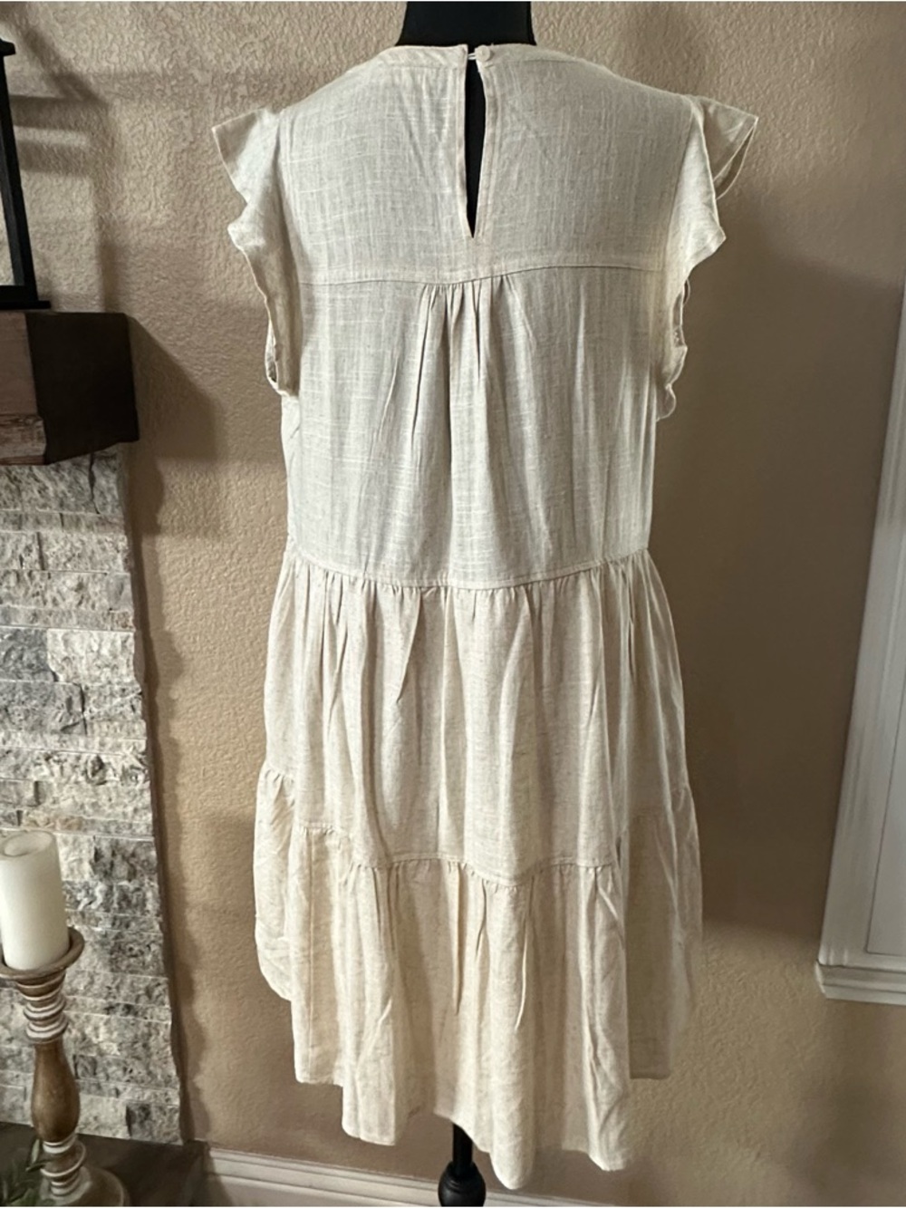 NEW IN beige linen blend tiered dress women’s M pockets BOHO airy summer - Picture 7 of 14